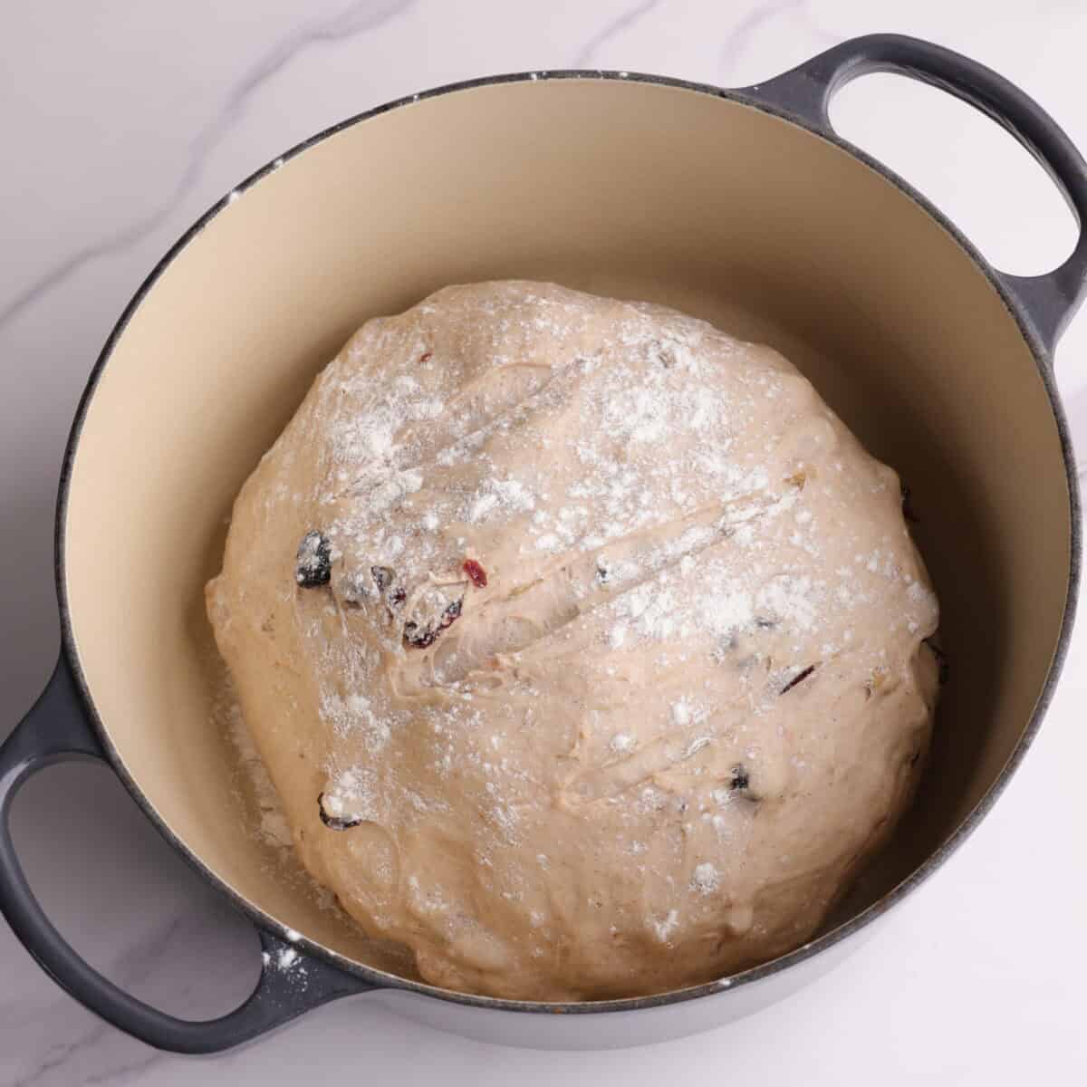A cast iron dutch oven pot with the risen dough inside, shaped into a ball, sprinkled with flour (on top and beneath) and sliced three times on top for an artisan look.