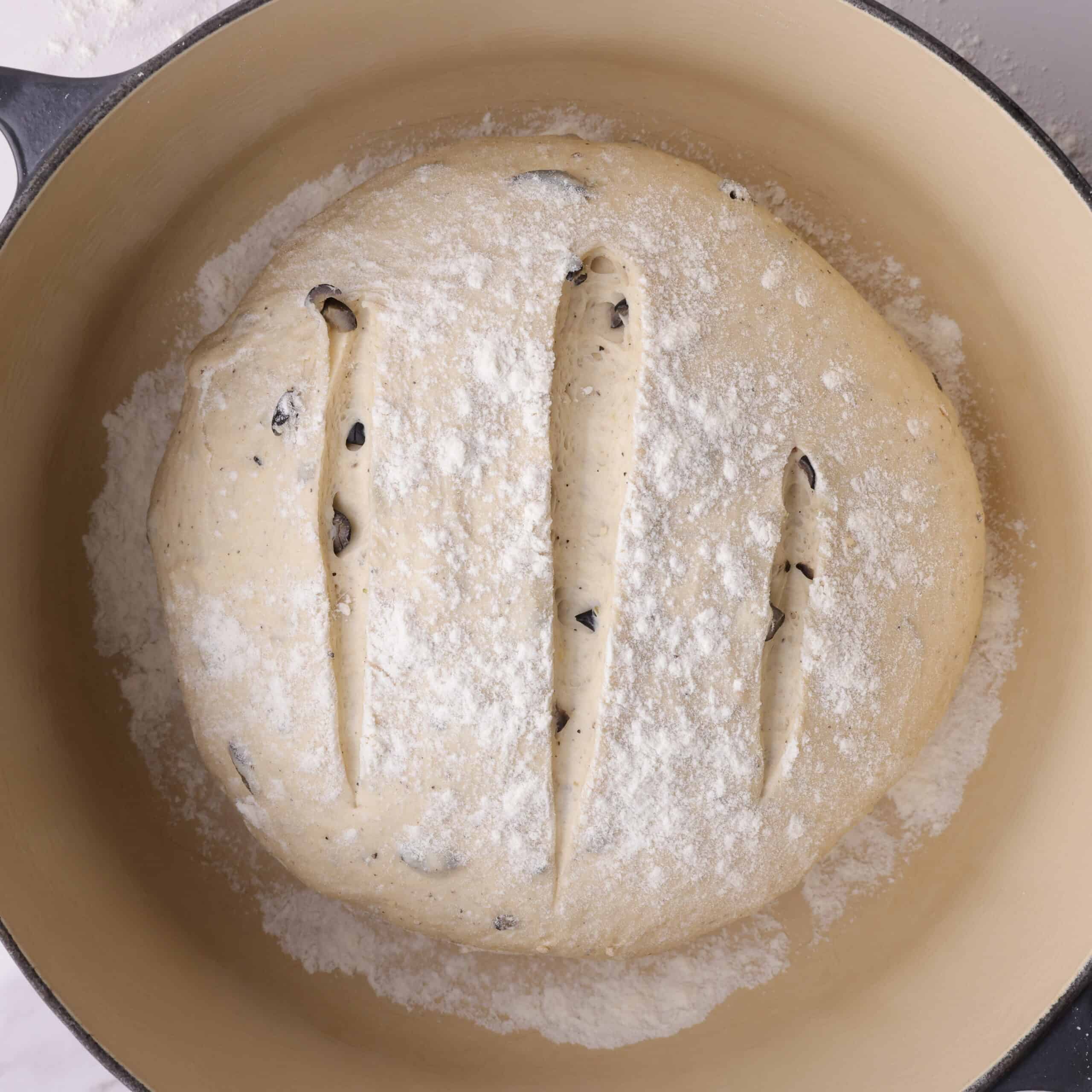 A cast iron dutch oven pot with the risen dough inside, shaped into a ball, sprinkled with flour (on top and beneath) and sliced three times on top for an artisan look.