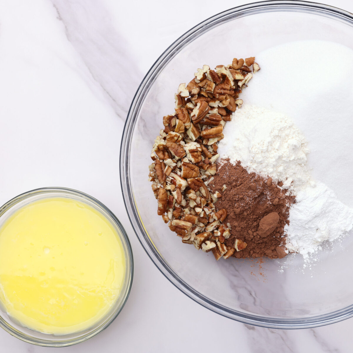 Dry ingredients (lour, baking powder, salt, sugar, and cocoa) and liquid ingredients (milk, vanilla and melted butter) in separate mixing bowls.