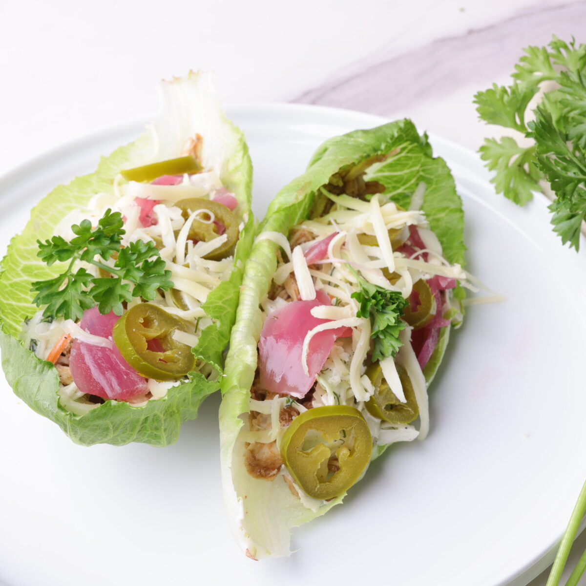 Two fully assembled pulled chicken wraps in lettuce leaves displayed on a white plate. 