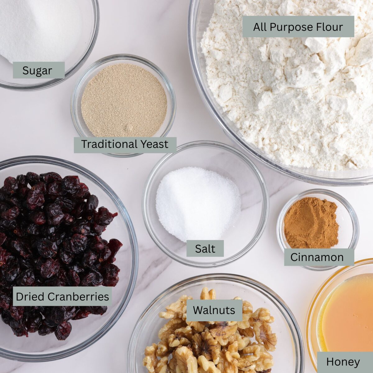 A visual display of the ingredients for the cranberry walnut bread - flour, yeast, sugar, craisins, cinnamon, walnuts, honey, and salt - each in their own bowl.
