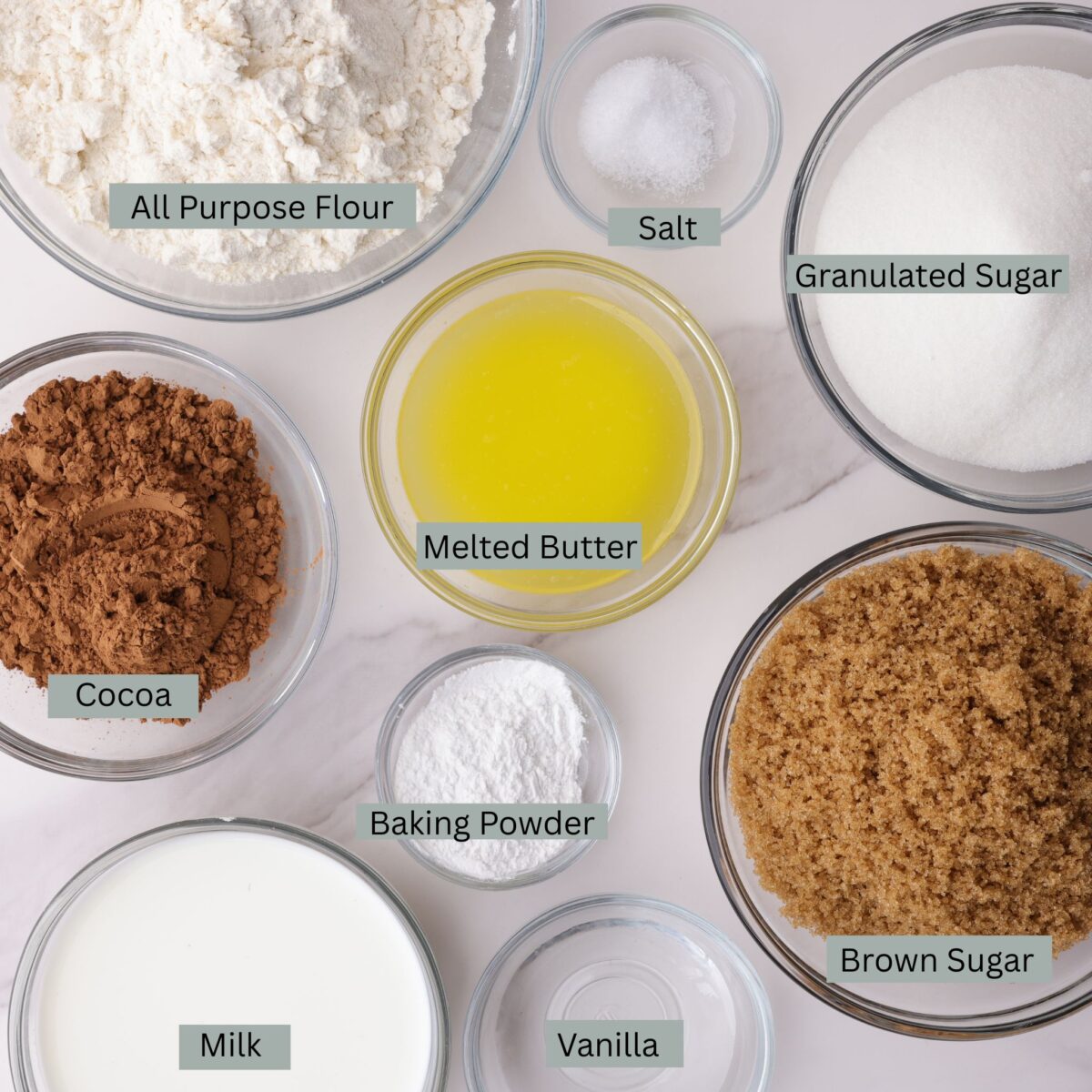 A visual display of the fudge pudding ingredients -flour, sugar, salt, melted butter, cocoa powder, baking powder, brown sugar, milk and vanilla - each in individual bowls.