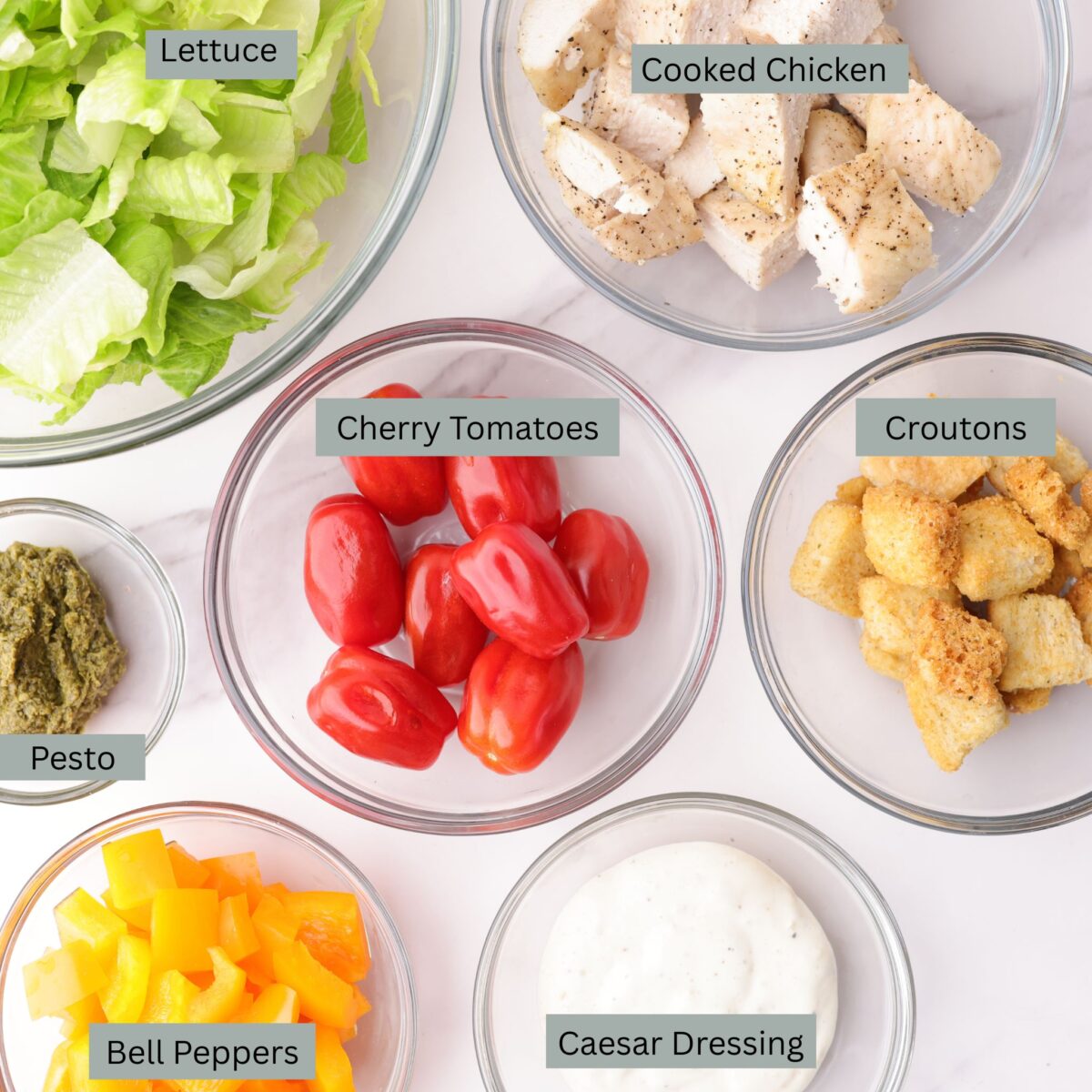 A visual representation of all the ingredients needed for the salad including the lettuce, cooked chicken, pesto, croutons, tomatoes, peppers and Caesar dressing.