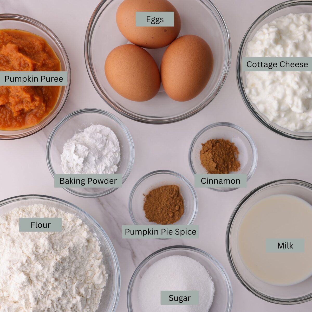 A visual display of the ingredients for pumpkin cottage cheese pancakes - pumpkin puree, eggs, cottage cheese, baking powder, cinnamon, pumpkin spice, flour, sugar and milk - each in their own bowl.
