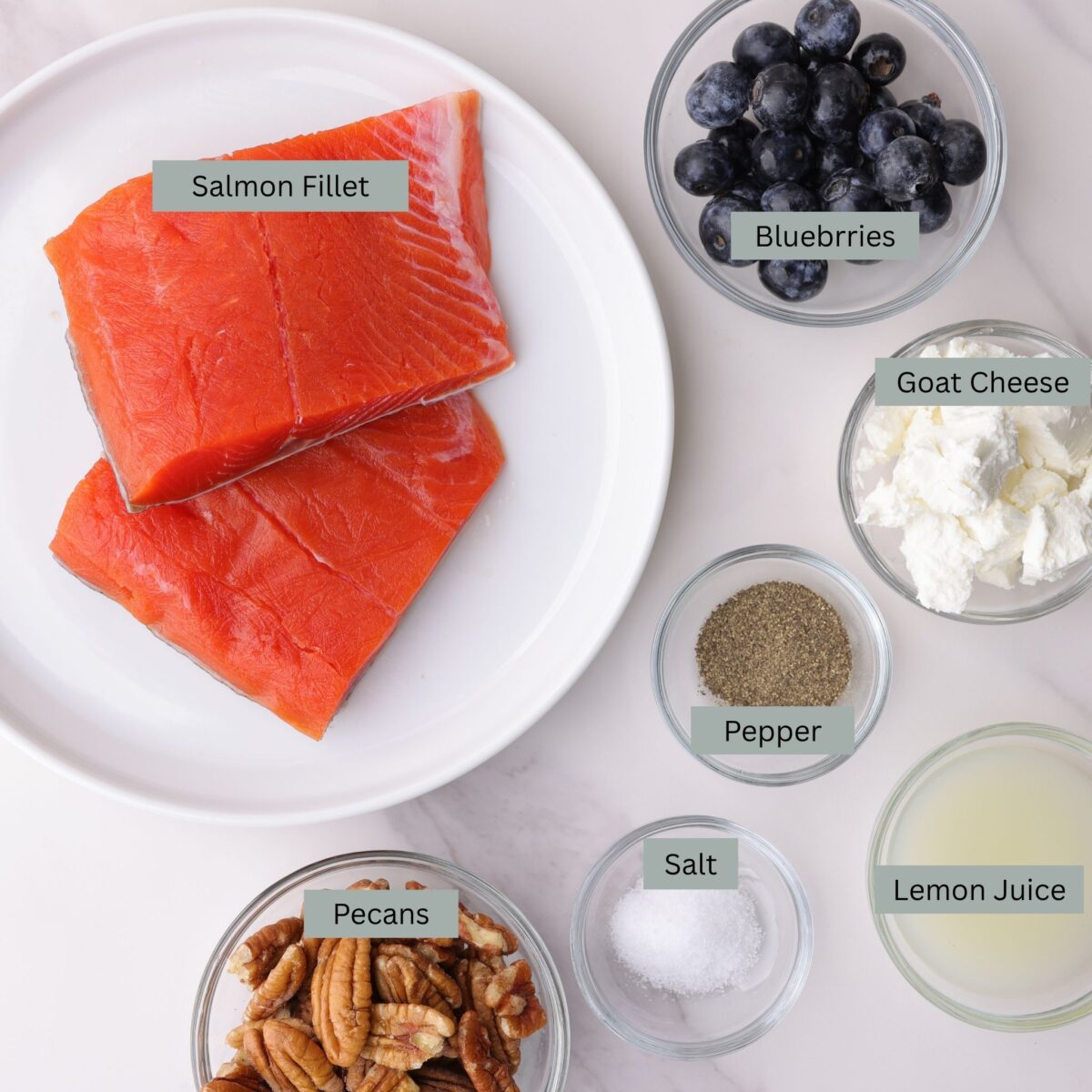 A visual display of the ingredients for salmon and goat cheese - two fillets of red salmon, blueberries, goat cheese, pecans, salt, pepper and lemon juice - each in their own dish.