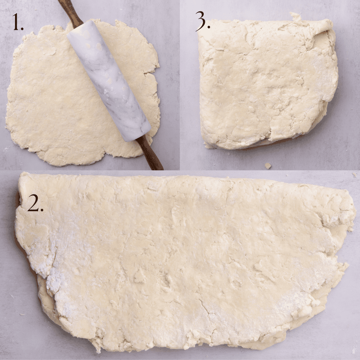 A three part picture showing the dough rolled out into a square, folded once into a rectangle and folded again to form a smaller square.