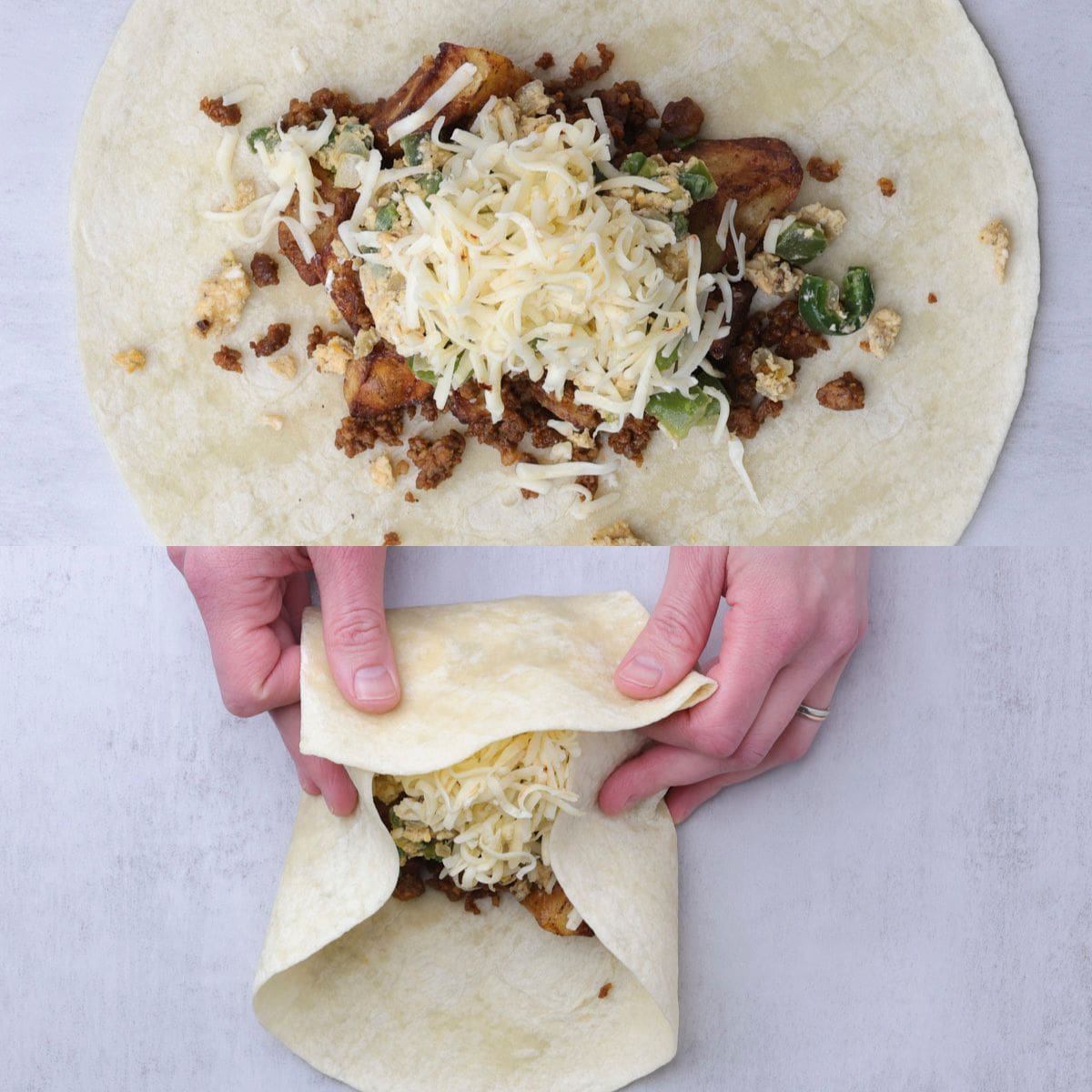 Two pictures - the top one showing the burrito assembled and the bottom picture showing the burrito being rolled up.