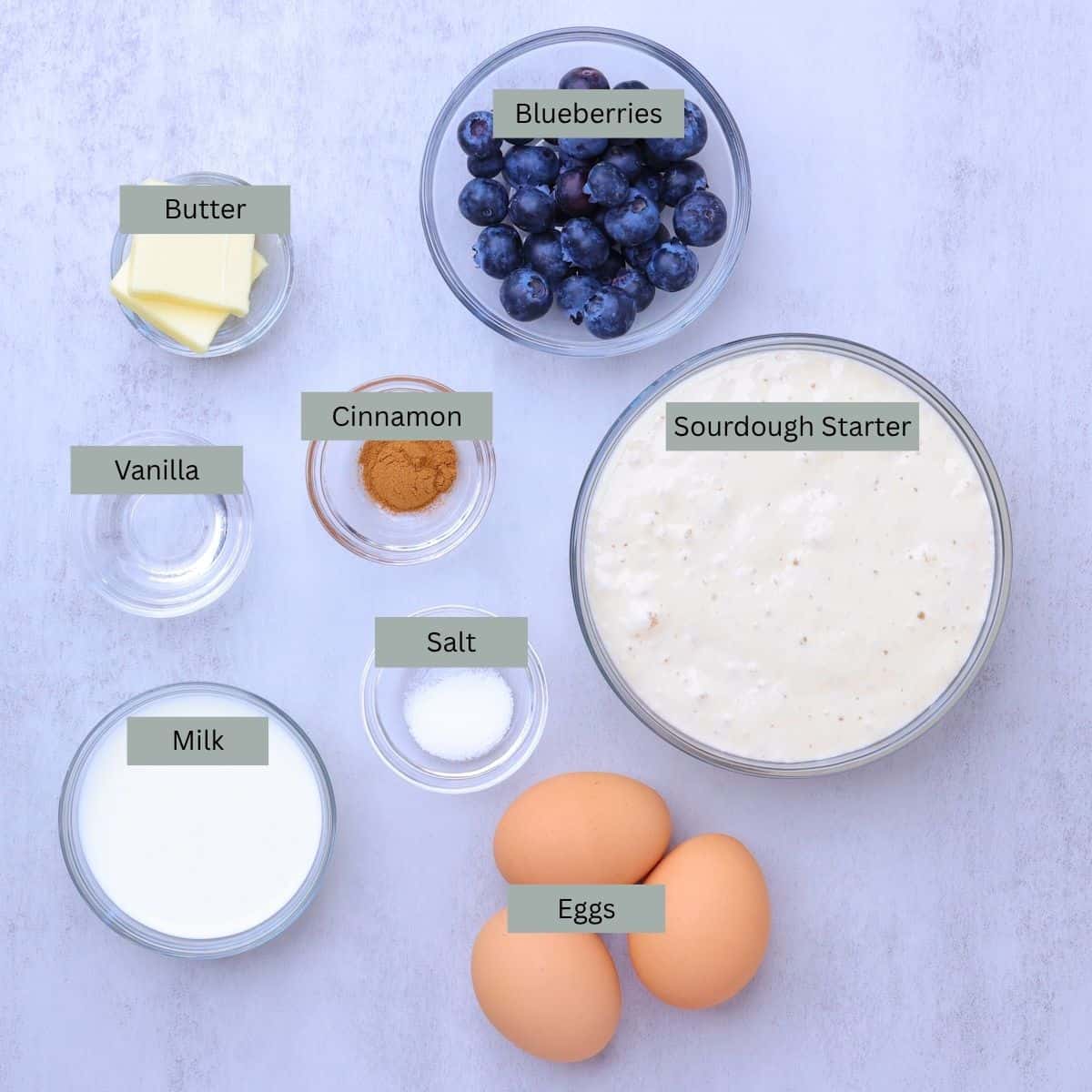 A visual display of the ingredients used for Sourdough German Pancakes - sourdough starter, blueberries, butter, cinnamon, vanilla, salt, milk and eggs - each in their own bowl.