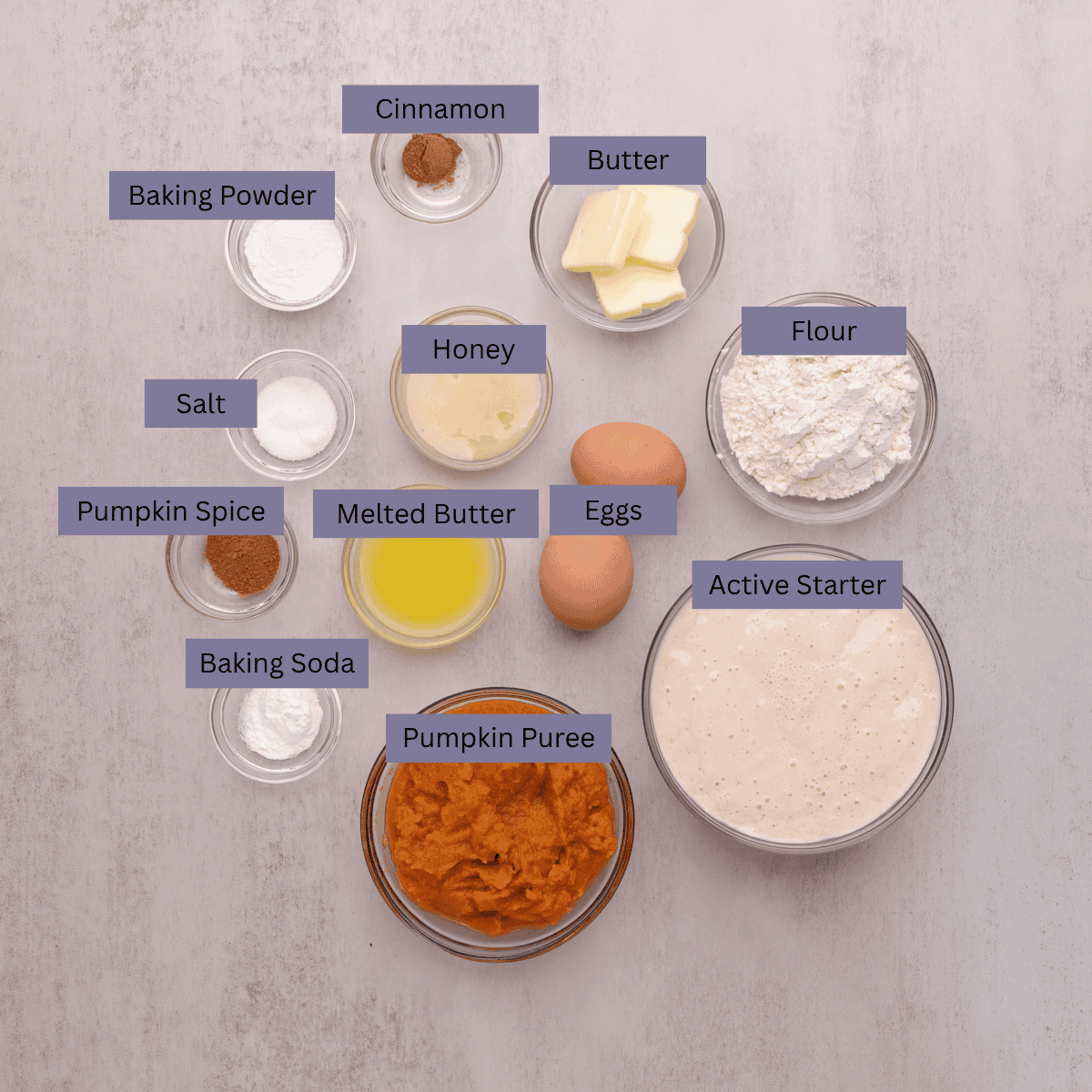 A visual display of the ingredients needed for the Sourdough Pumpkin Pancakes - cinnamon, baking soda, baking powder, pumpkin spice, salt, honey, melted butter, butter, pumpkin puree, flour and active sourdough starter - each displayed in their own bowl.