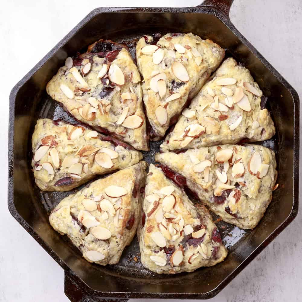 A skillet with the baked Cherry Scones.