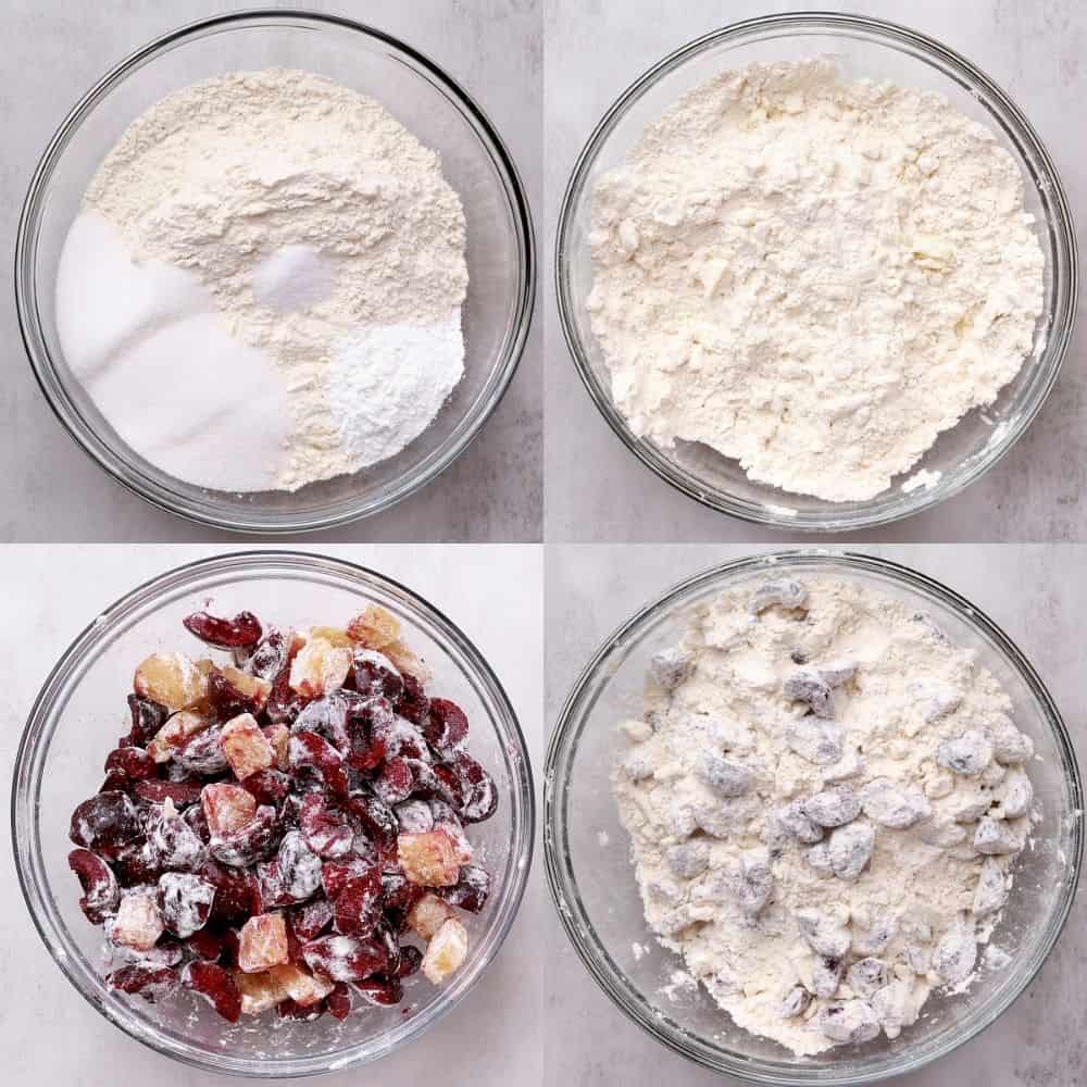 A four part picture showing combining the dry ingredients, cutting in the butter, flouring the fillings and combining both elements.