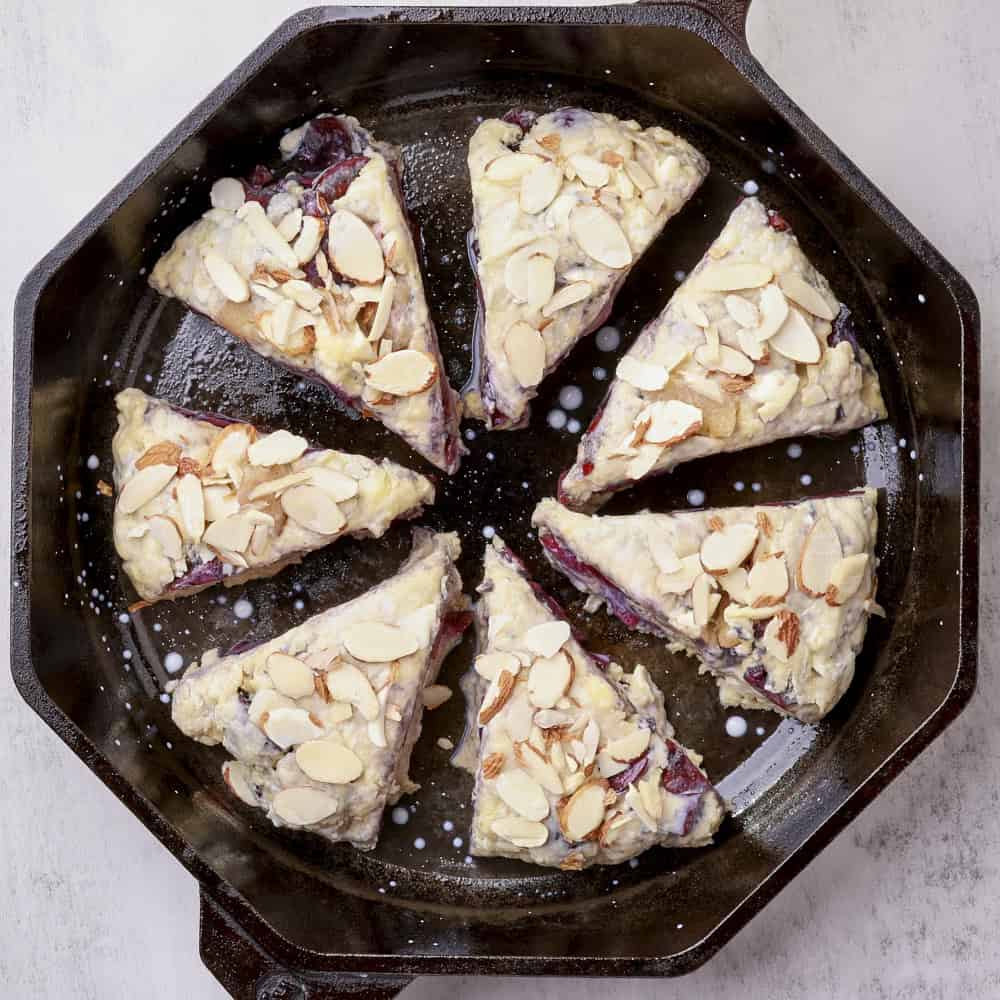 A skillet with the prepared scones in it ready to bake.