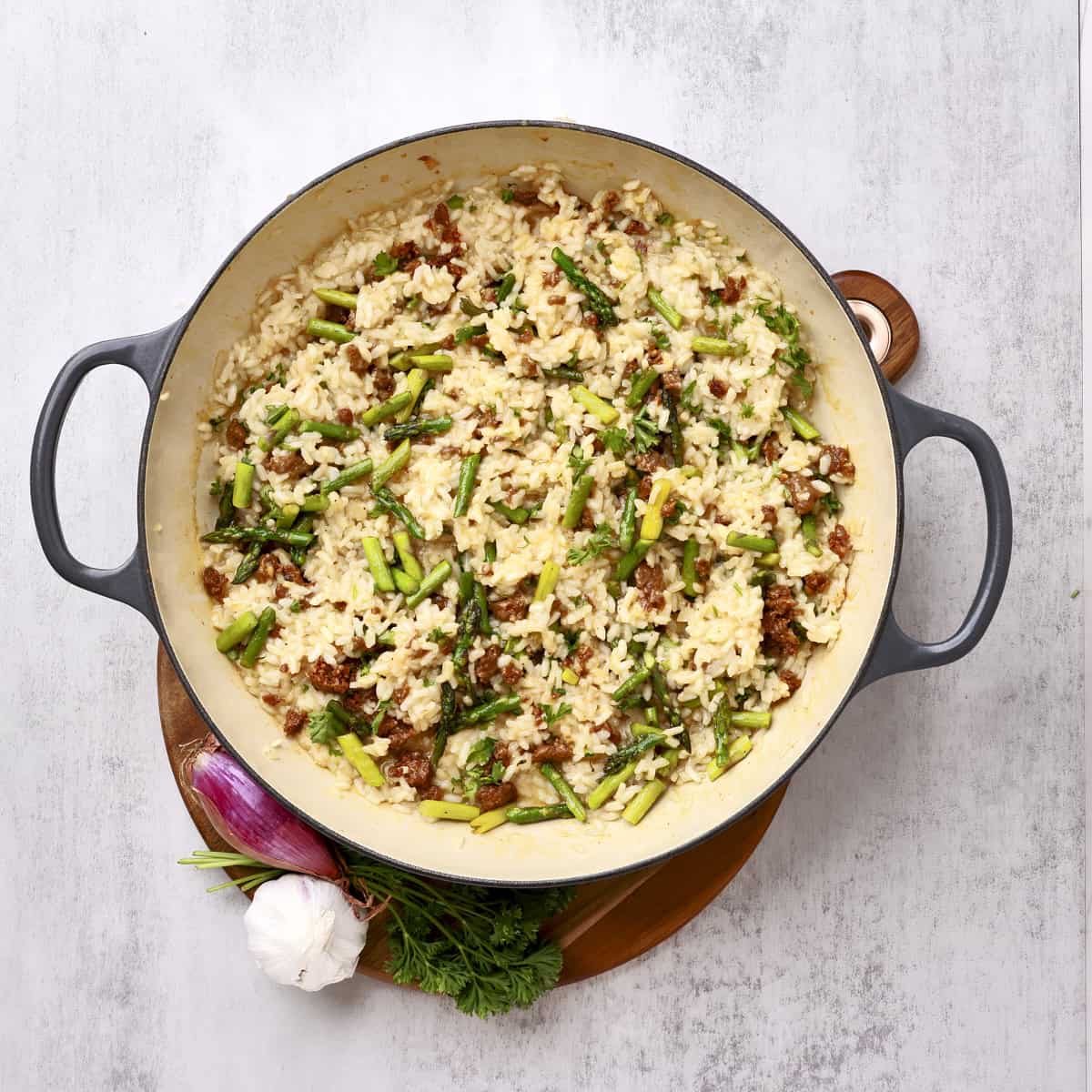 A large pan with the completed Chorizo Risotto in it.