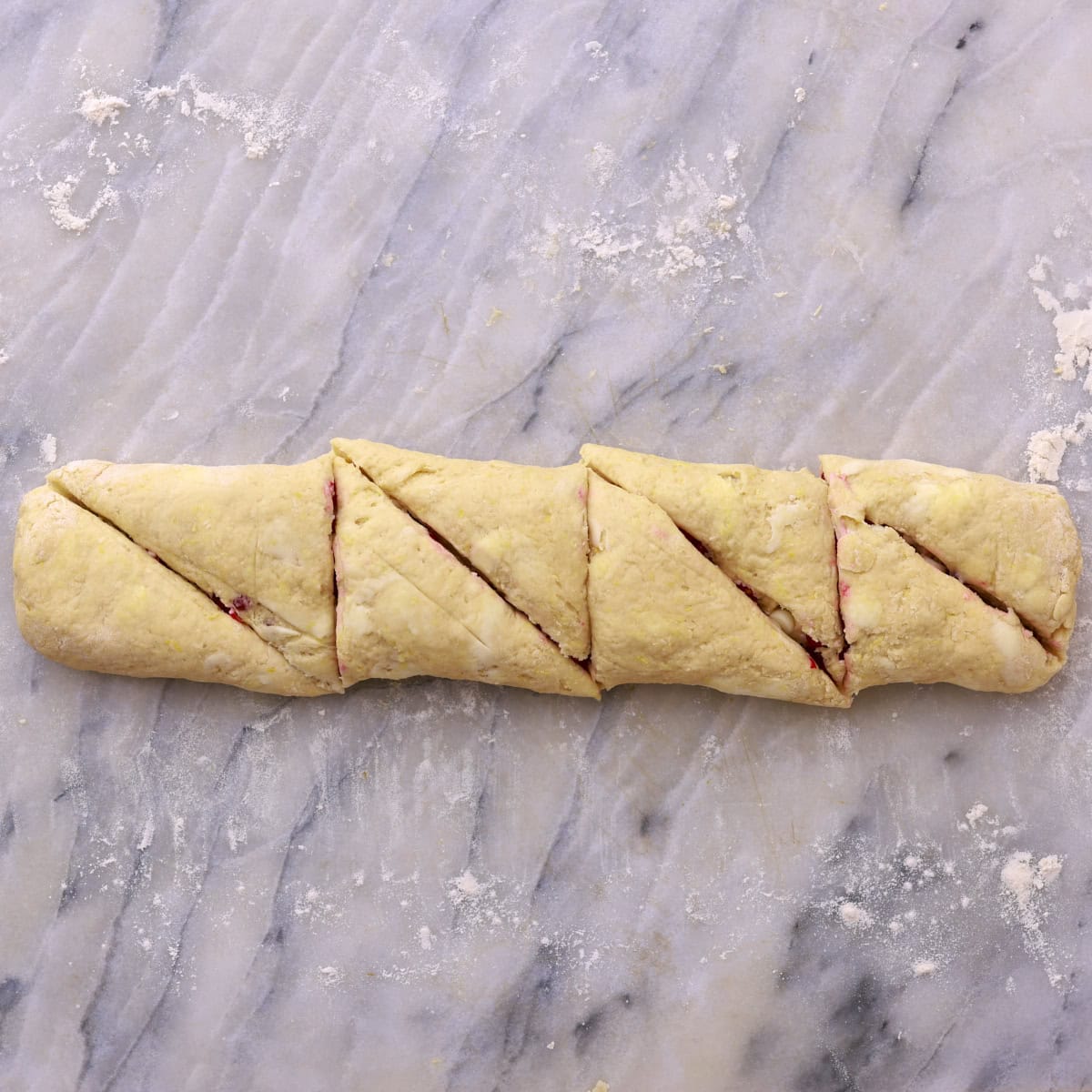 The rolled log cut into 8 triangles.