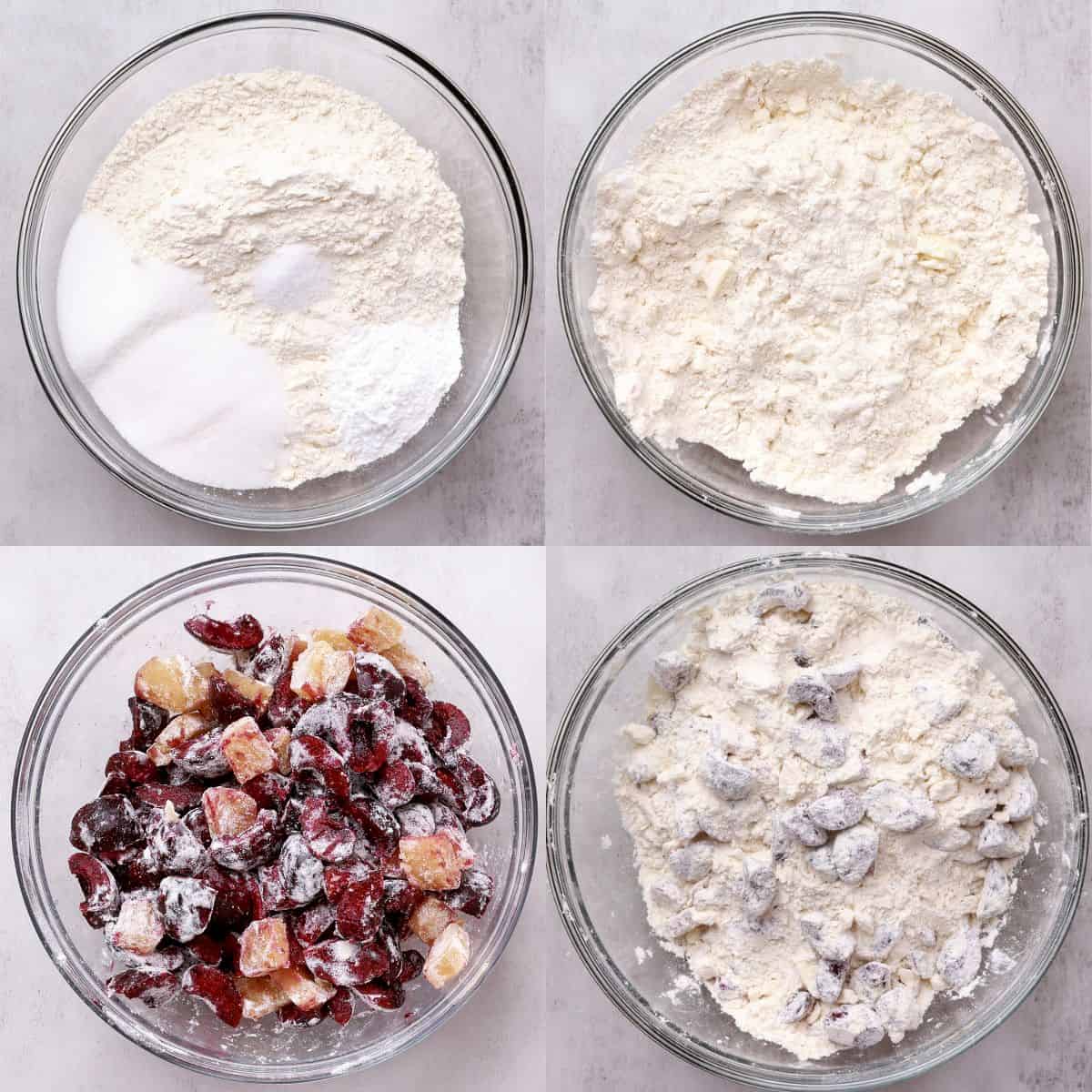 A four part picture showing combining the dry ingredients, cutting in the butter, flouring the fillings and combining both elements.