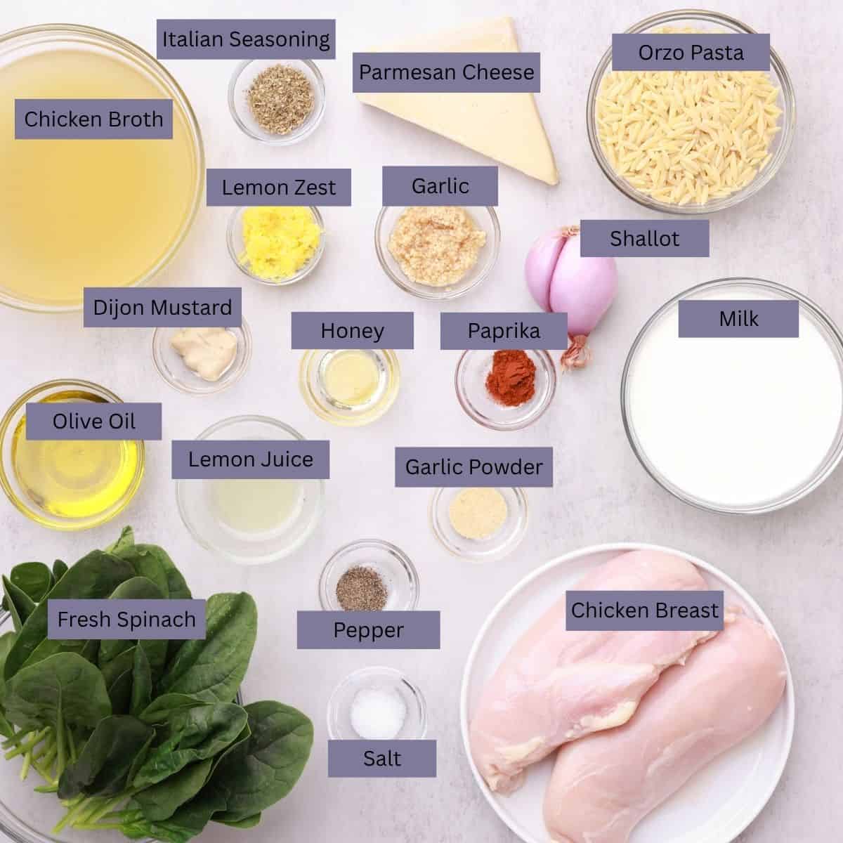 A visual display of the ingredients needed for the pasta - chicken broth, Italian seasoning, Parmesan cheese, orzo pasta, milk, shallot, garlic, lemon zest, Dijon mustard, olive oil, lemon juice, honey, paprika, garlic powder, salt, pepper, fresh spinach and chicken - each displayed in their own bowl.