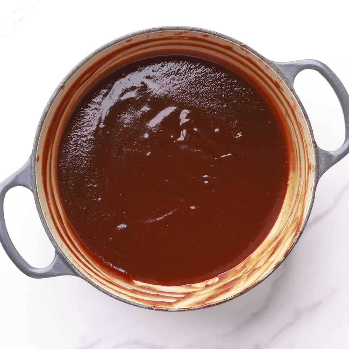 A pot with the finished BBQ sauce in it.